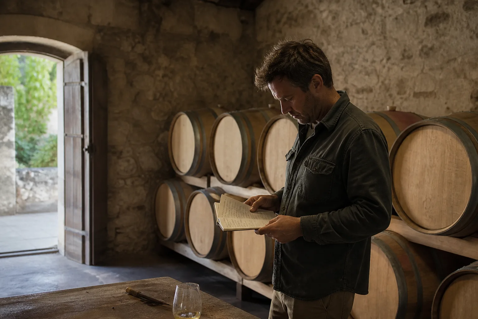 Winemaker examining wine in a barrel cellar